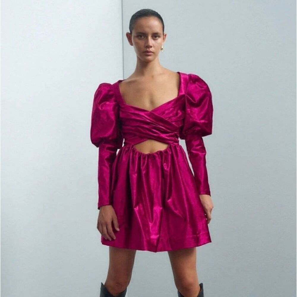 Alemais Rosario Mini Fuchsia Velvet Puff Sleeve Dress Women’s US Size 2 - Picture 4 of 15